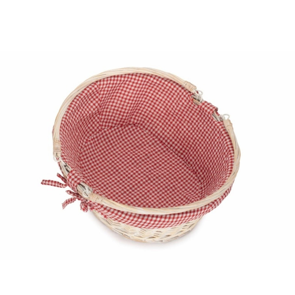 Whitewash Swing Handle Wicker Shopping Basket with Red and White Checked Lining