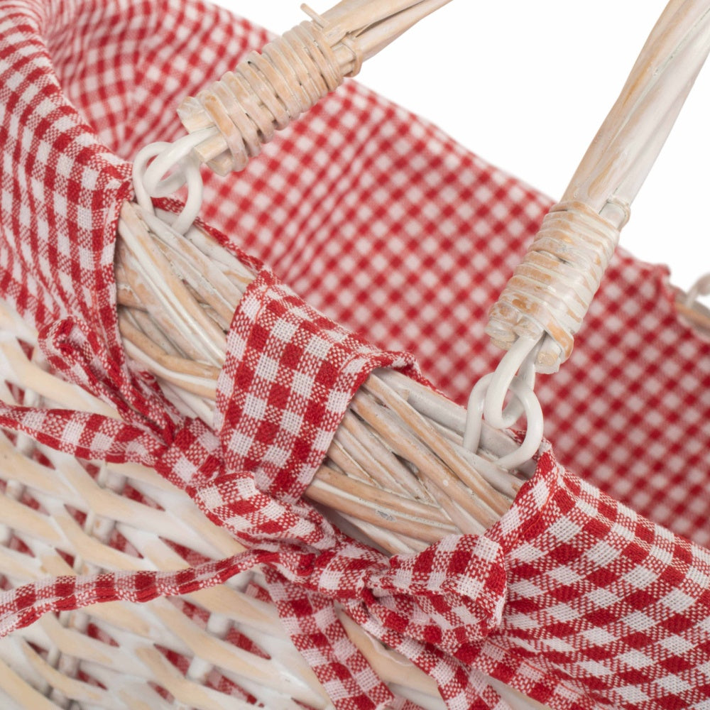 Whitewash Swing Handle Wicker Shopping Basket with Red and White Checked Lining