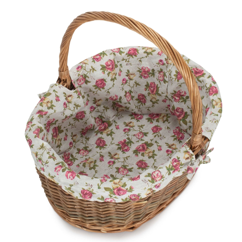 Oval Unpeeled Willow Shopping Basket With Garden Rose Lining