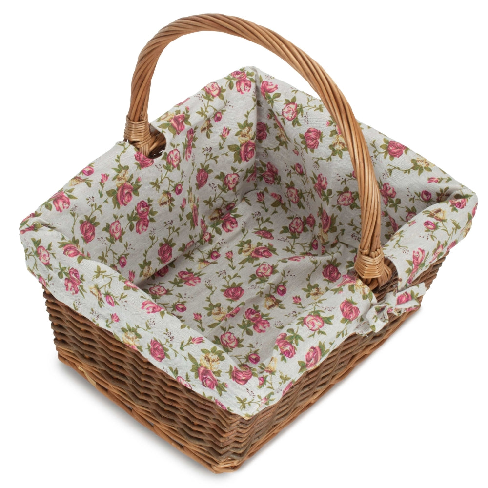 Rectangular Unpeeled Willow Shopping Basket With Garden Rose Lining