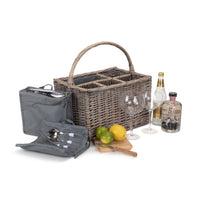 Grauer Picknick-Getränkekorb aus Korbgeflecht mit Gin-Motiv