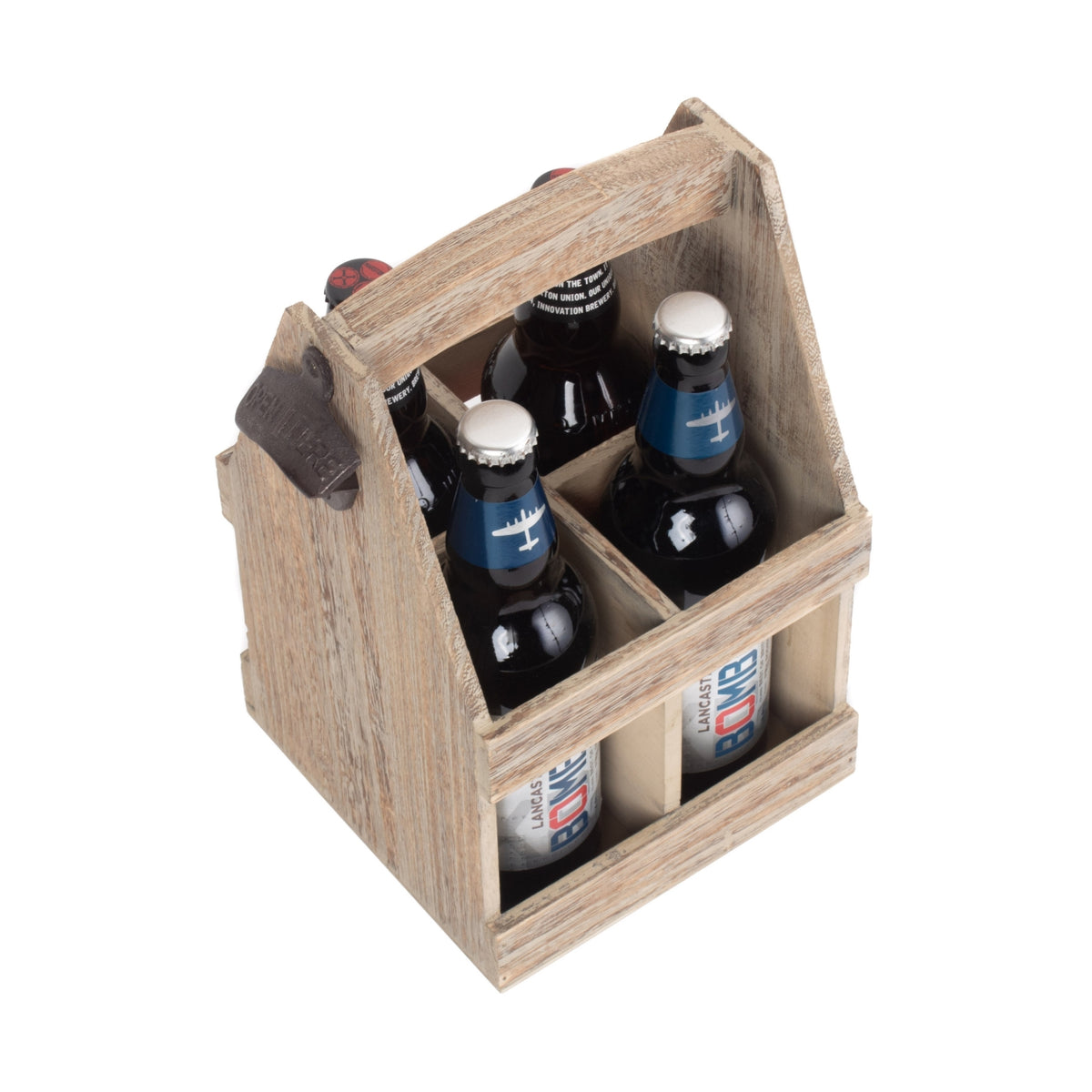 Oak Effect 4 Beer Bottle Carrier with Bottle Opener