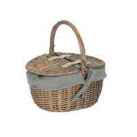 Petit panier de pique-nique ovale à double couvercle et lavage antique