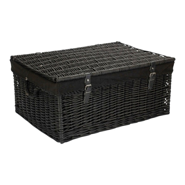 67cm Black Wicker Rope Handled Black Cotton Lined Picnic Basket