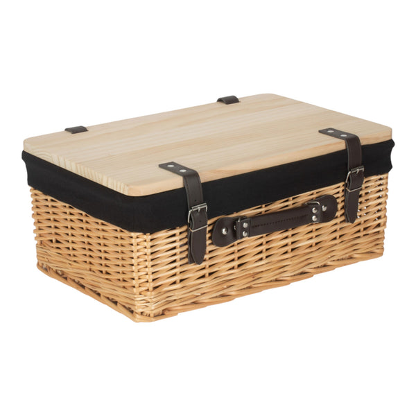 Buff Black Lined Willow Empty Picnic Basket with Pinewood Lid