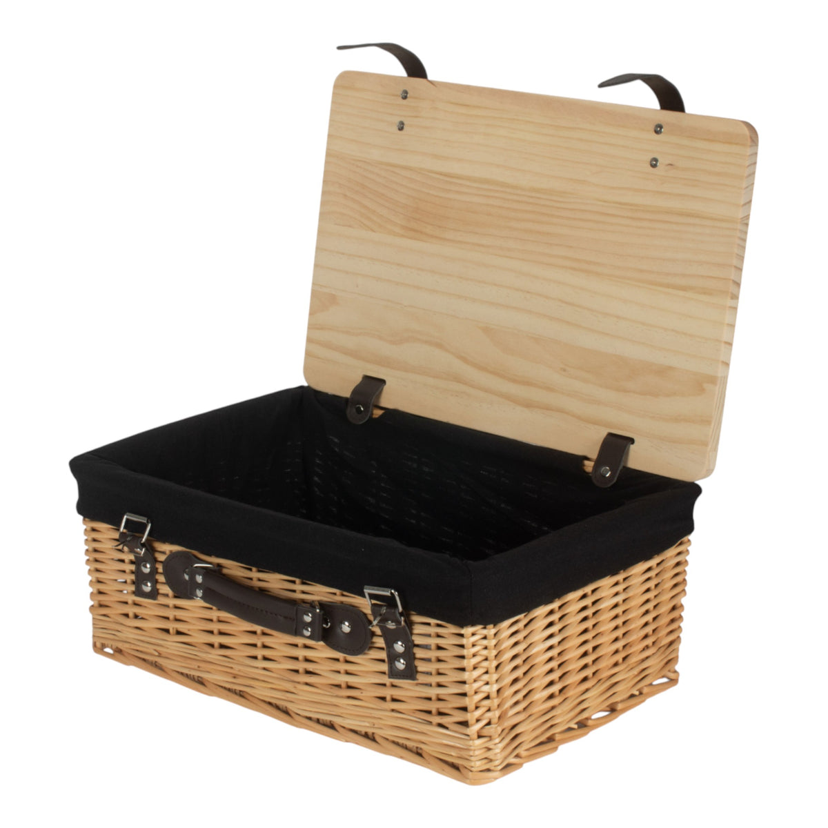 Buff Black Lined Willow Empty Picnic Basket with Pinewood Lid
