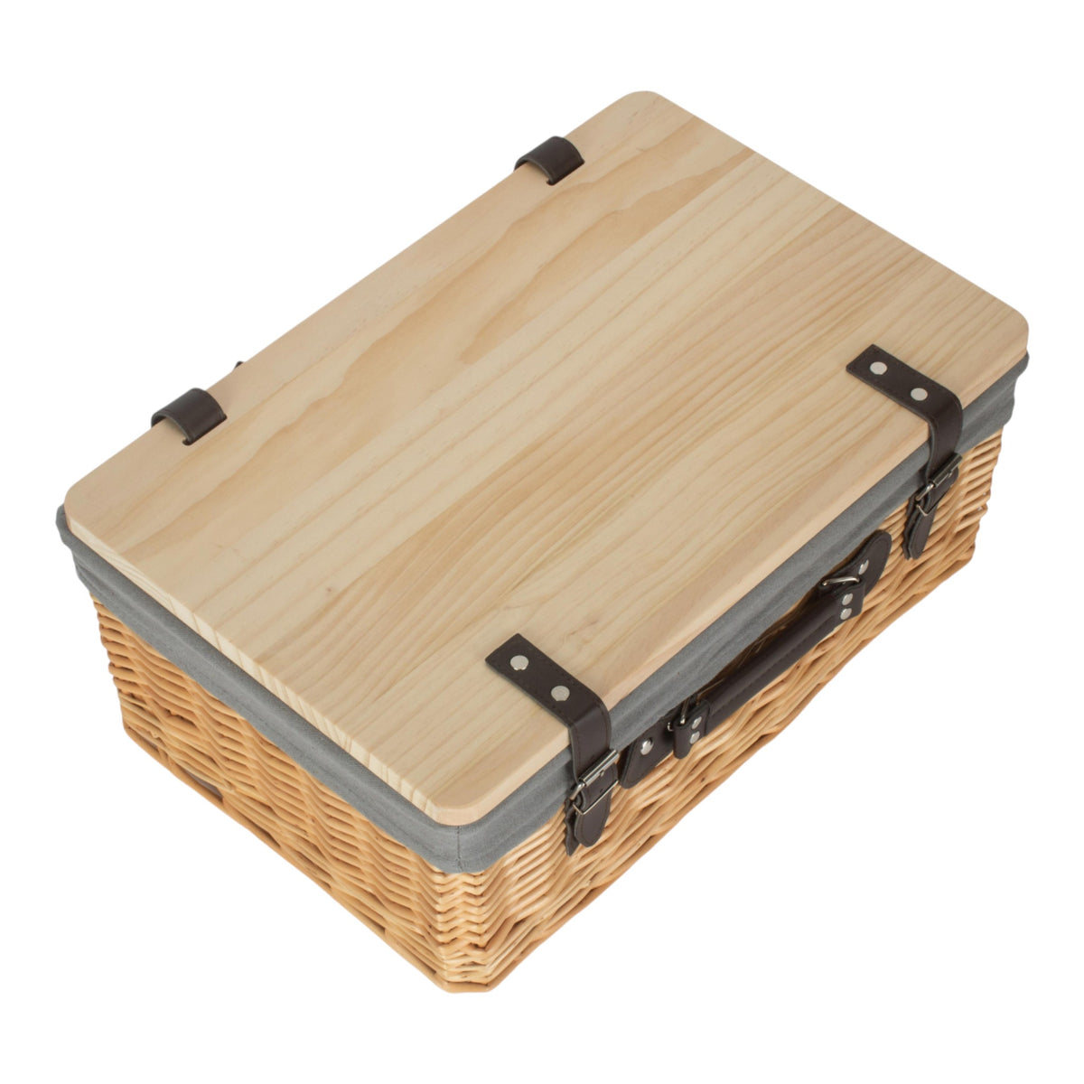 Buff Grey Lined Willow Empty Picnic Basket with Pinewood Lid