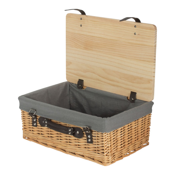 Buff Grey Lined Willow Empty Picnic Basket with Pinewood Lid