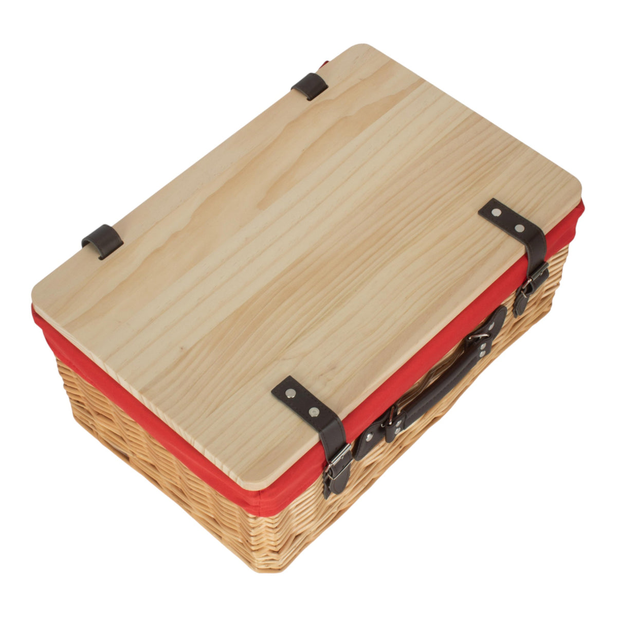 Buff Red Lined Willow Empty Picnic Basket with Pinewood Lid