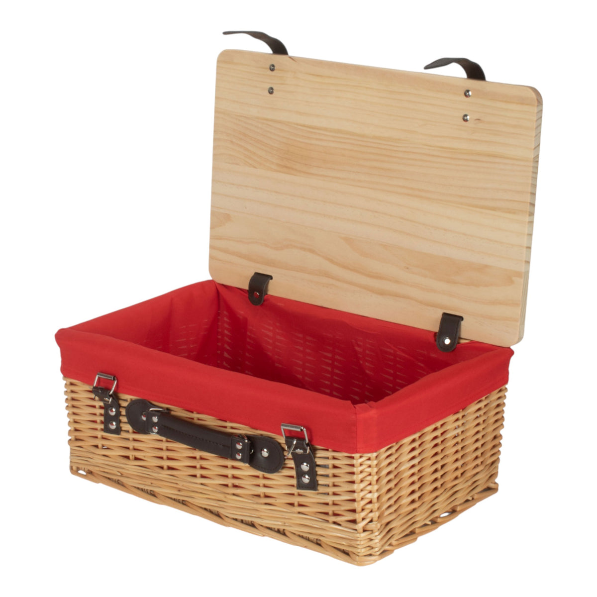 Buff Red Lined Willow Empty Picnic Basket with Pinewood Lid
