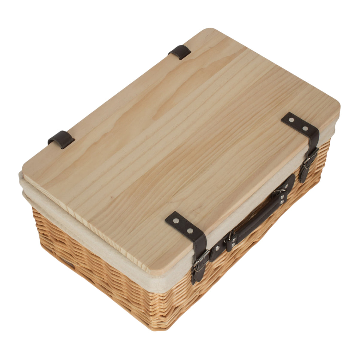 Buff White Lined Willow Empty Picnic Basket with Pinewood Lid