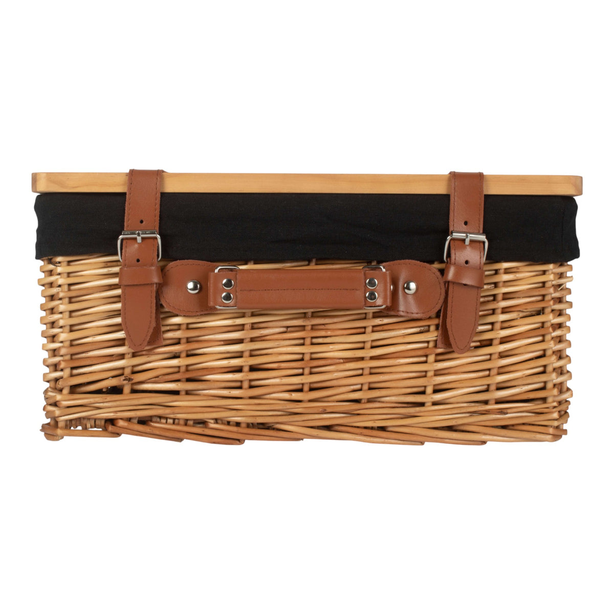 Double Steamed Black Lined Willow Empty Picnic Basket with Pinewood Lid