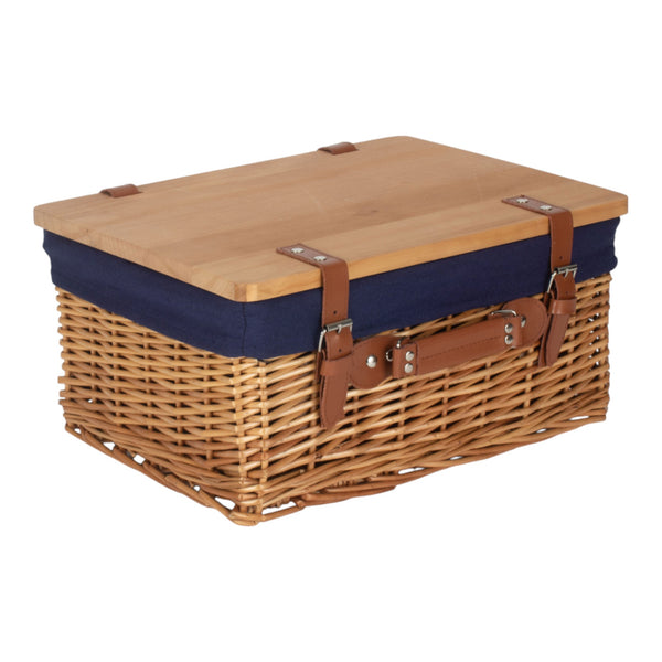 Double Steamed Navy Lined Willow Empty Picnic Basket with Pinewood Lid