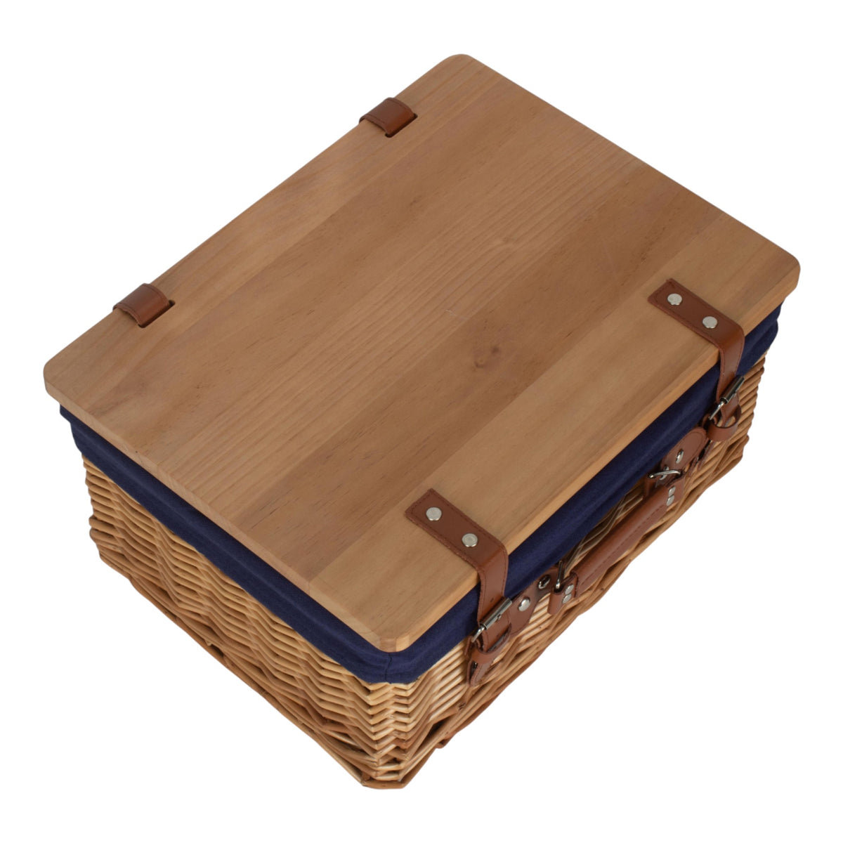 Double Steamed Navy Lined Willow Empty Picnic Basket with Pinewood Lid