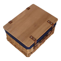 Double Steamed Navy Lined Willow Empty Picnic Basket with Pinewood Lid