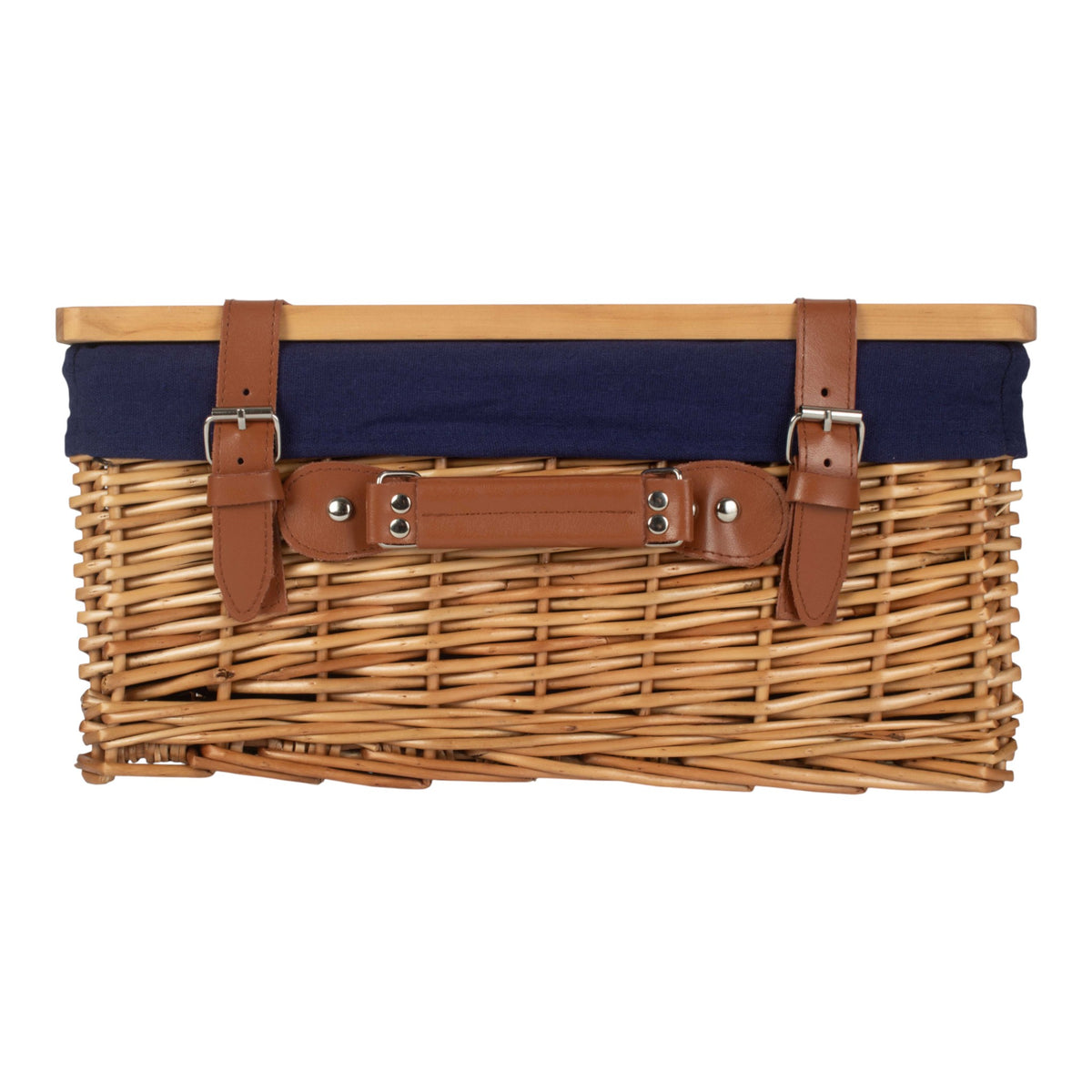 Double Steamed Navy Lined Willow Empty Picnic Basket with Pinewood Lid