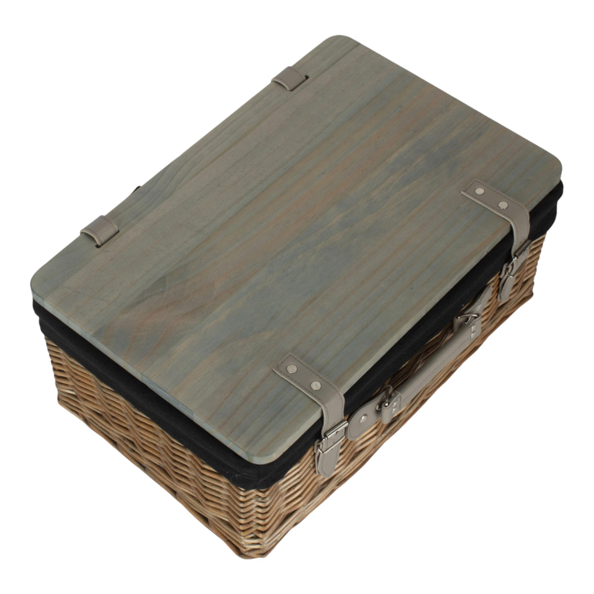 Antique Wash Black Lined Willow Empty Picnic Basket with Pinewood Lid