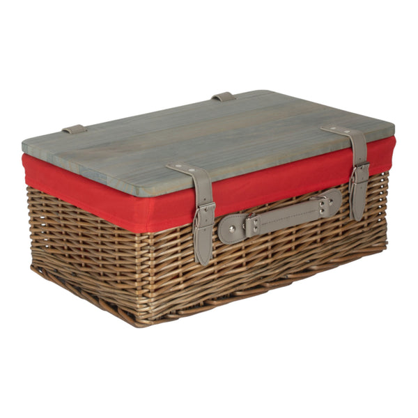 Antique Wash Red Lined Willow Empty Picnic Basket with Pinewood Lid