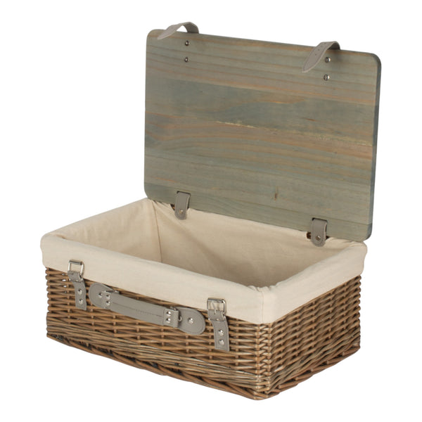 Antique Wash White Lined Willow Empty Picnic Basket with Pinewood Lid