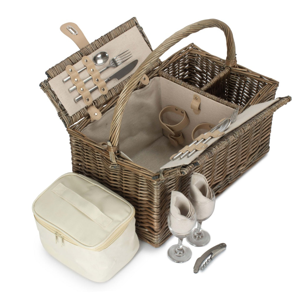 Deluxe Retro Double Lidded Wicker Fitted Picnic Basket | Red Hamper