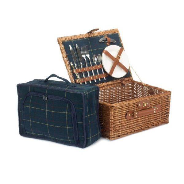 Blauer Tweed-Picknickkorb aus Weidengeflecht