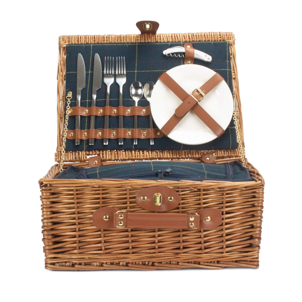 Blauer Tweed-Picknickkorb aus Weidengeflecht