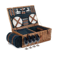Blauer Tweed-Picknickkorb aus Weidengeflecht