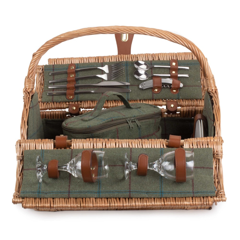 2-Personen-Picknickkorb aus grünem Tweed-Fass aus Korbgeflecht
