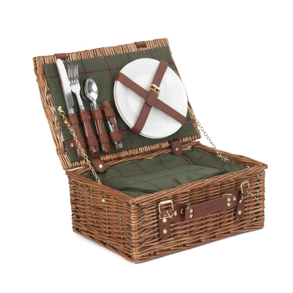 Klassischer Picknickkorb aus grünem Tweed für 2 Personen