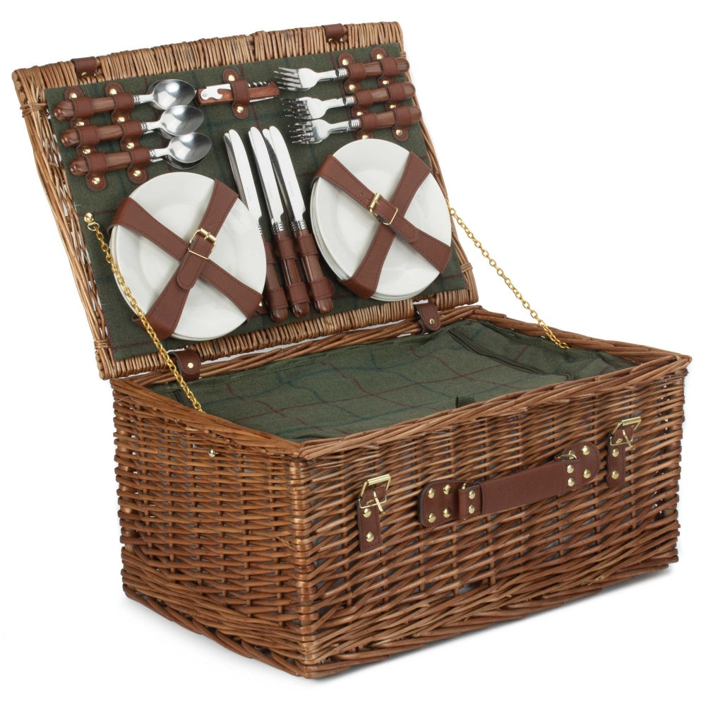 6 Person Green Tweed Classic Picnic Basket