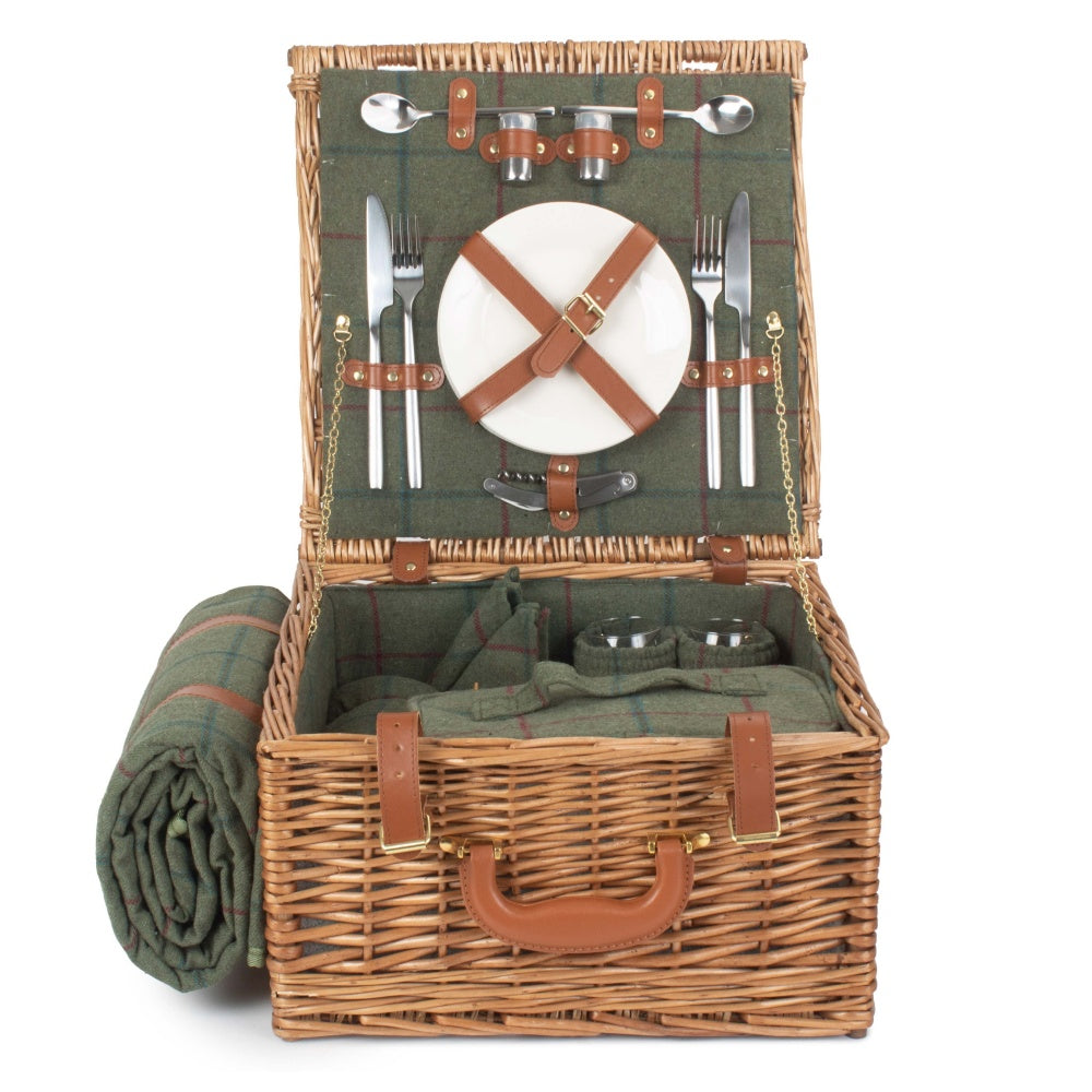 Deluxe Green Tweed 2 Person Fitted Wicker Picnic Basket