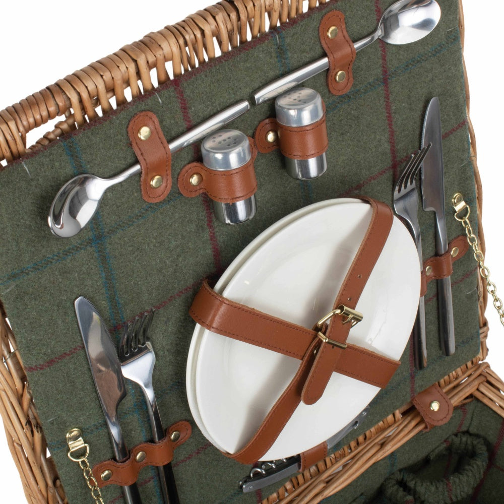 Deluxe Green Tweed 2 Person Fitted Wicker Picnic Basket