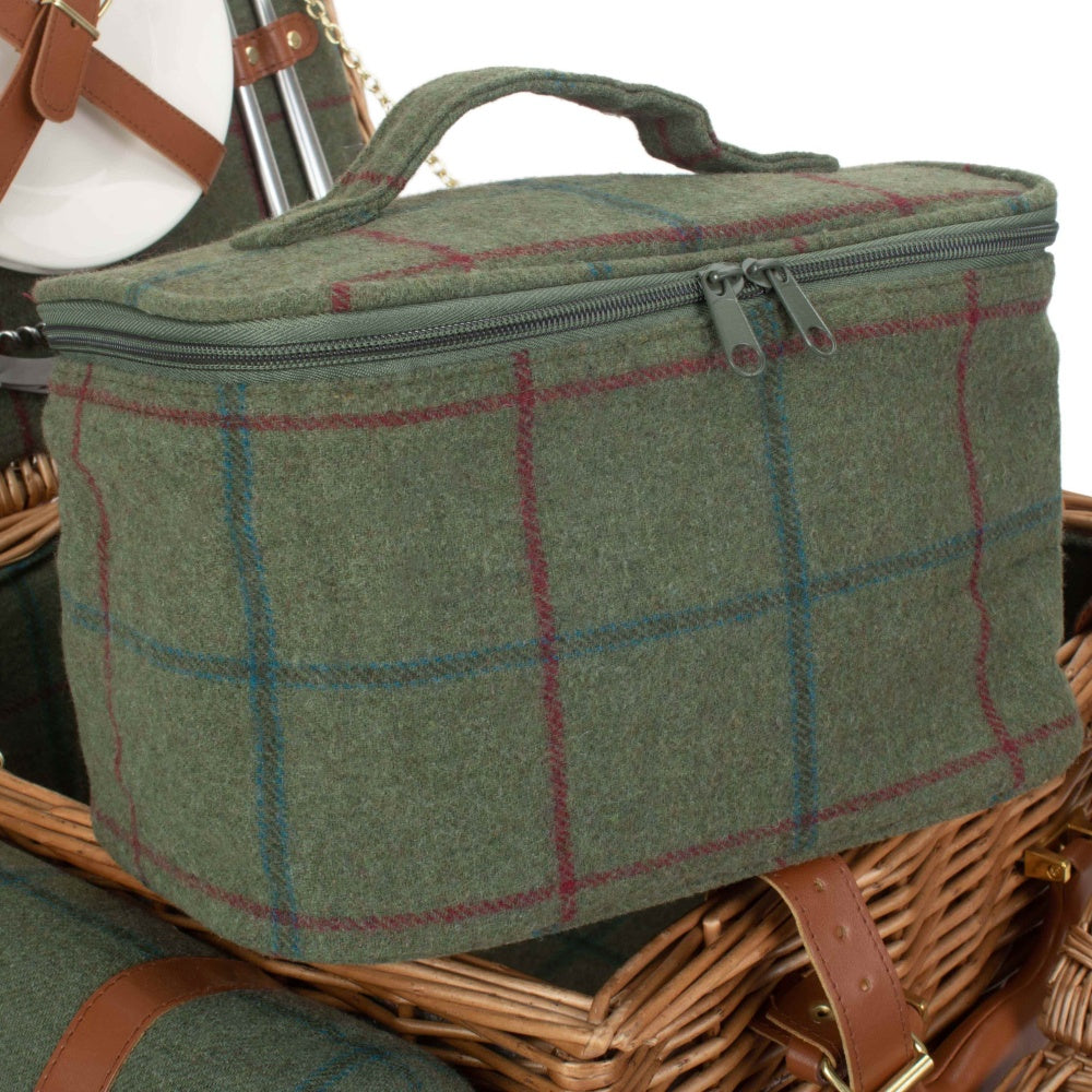 Deluxe Green Tweed 2 Person Fitted Wicker Picnic Basket