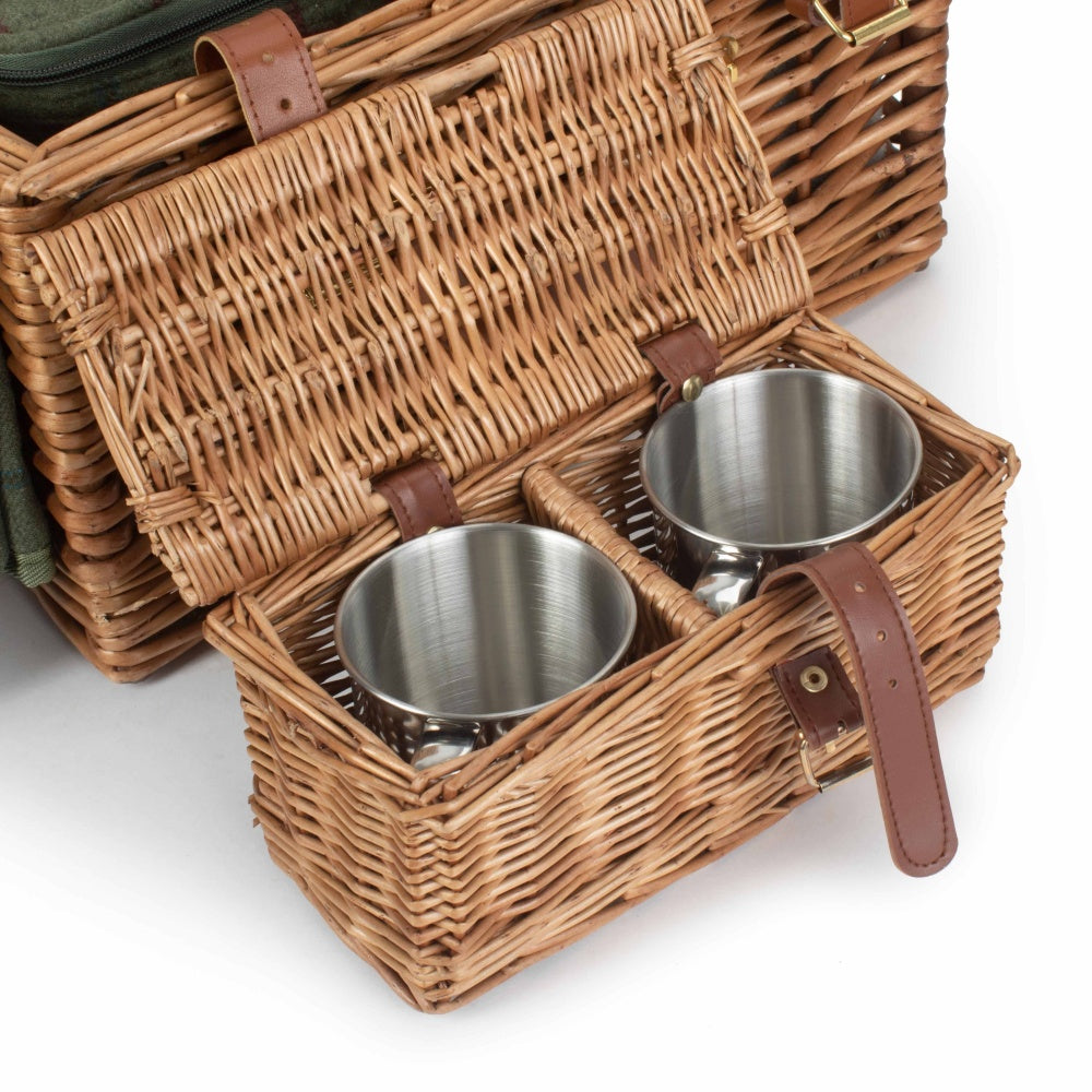 Deluxe Green Tweed 2 Person Fitted Wicker Picnic Basket