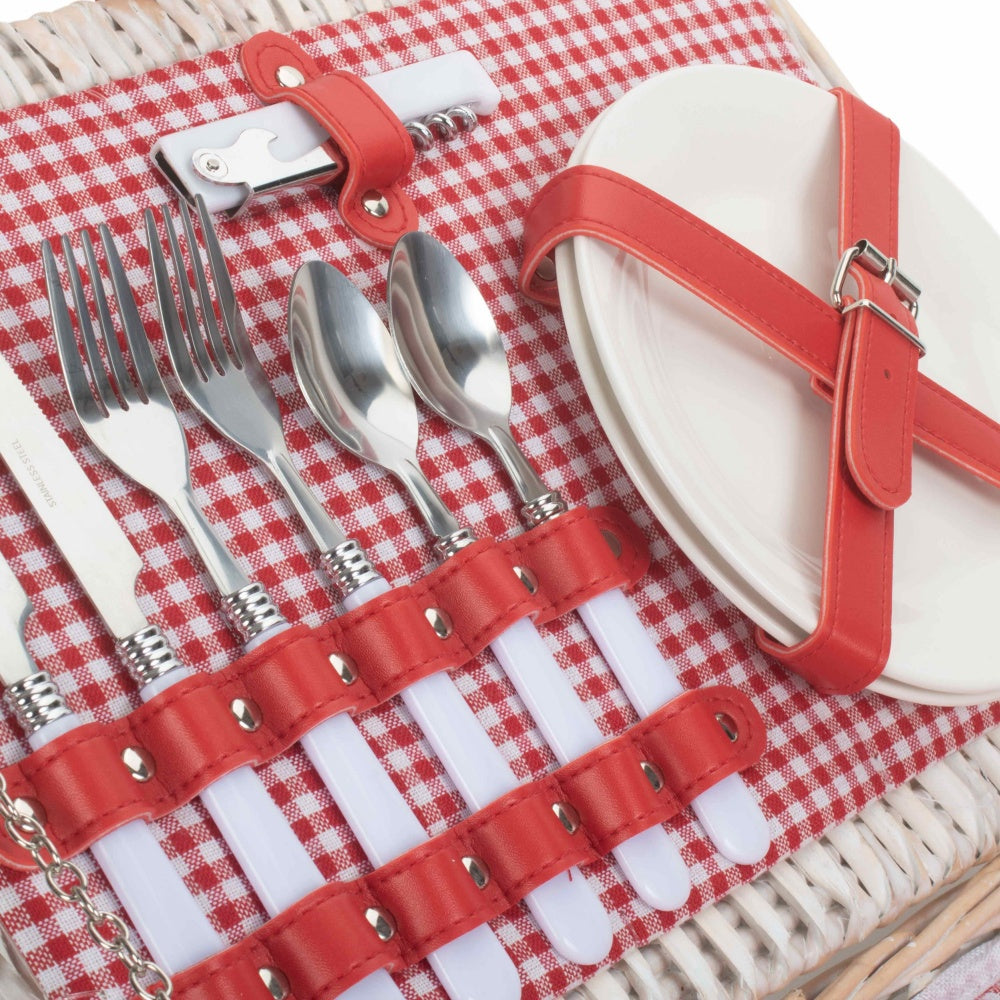 Red and White Gingham 2 Person Fitted Wicker Picnic Basket
