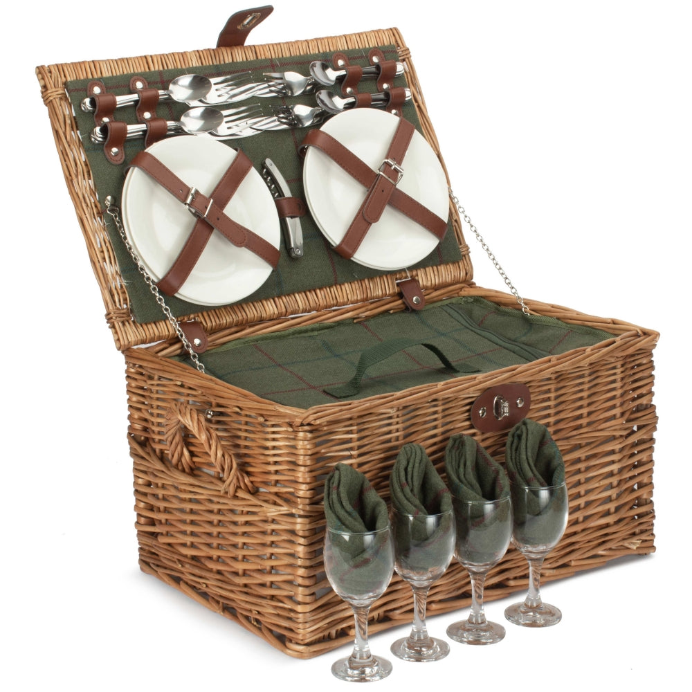 Four Person Green Tweed Chest Wicker Picnic Basket