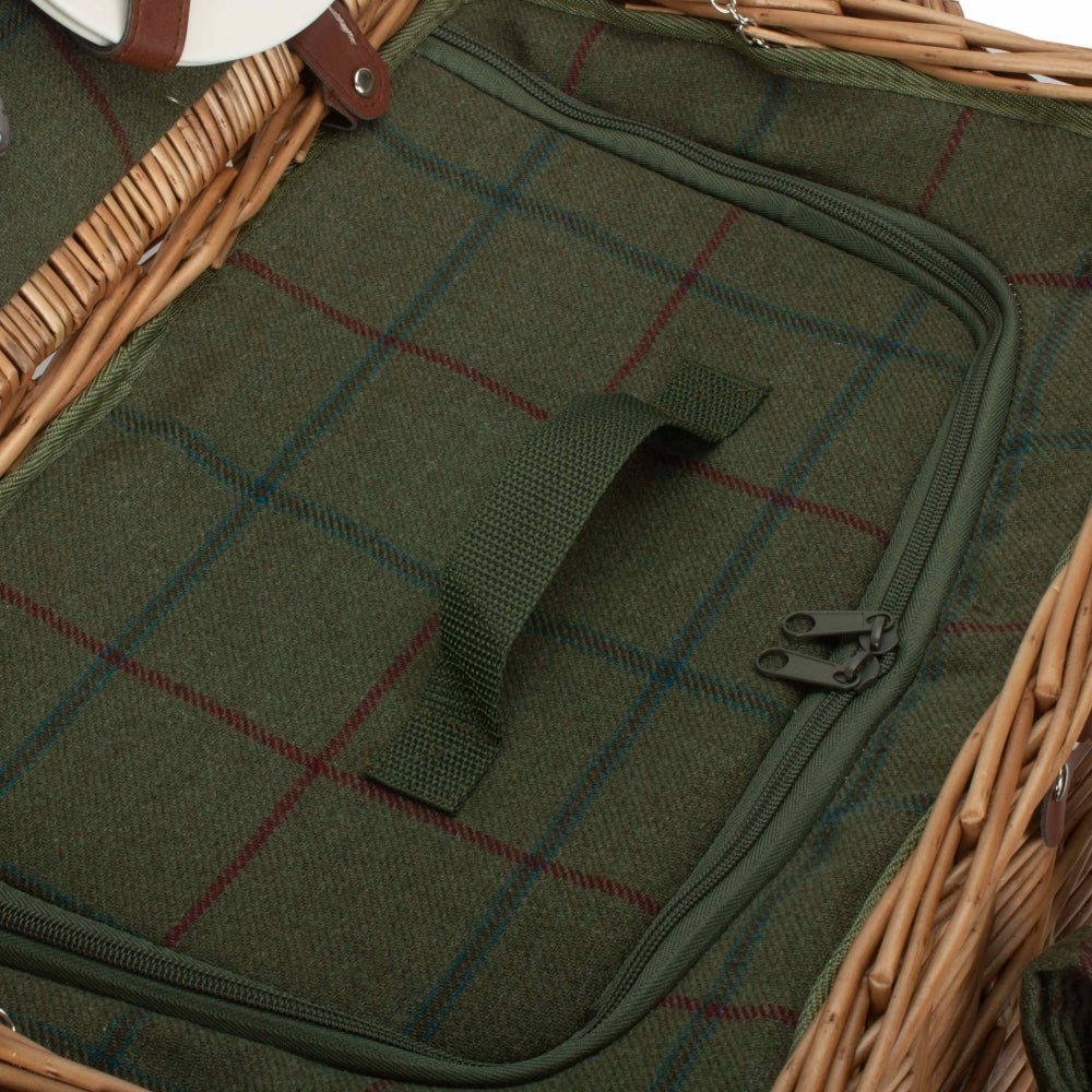 Four Person Green Tweed Chest Wicker Picnic Basket