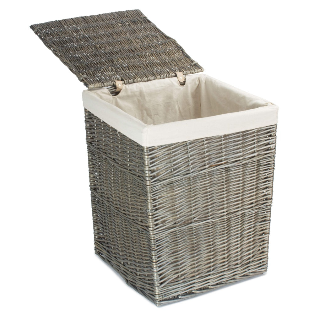 Antique Wash Square White Cotton Lined Laundry Basket