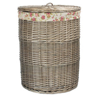 Antique Wash Round Garden Rose Cotton Lined Laundry Basket