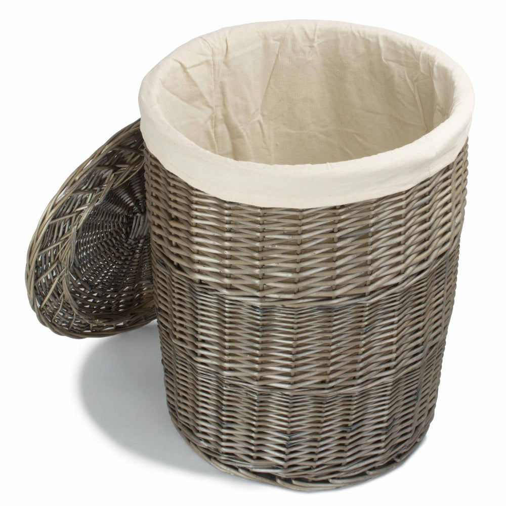 Antique Wash Round White Cotton Lined Laundry Basket