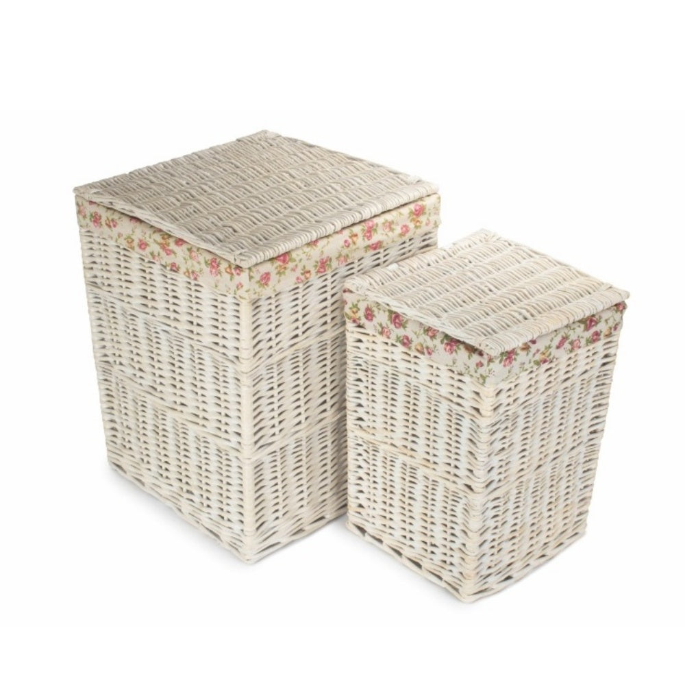 Square White Wash Wicker Laundry Basket Rose Lining