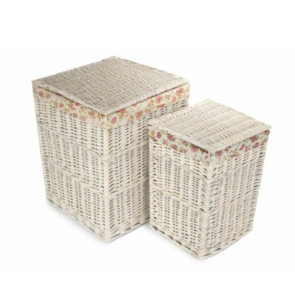 Square White Wash Wicker Laundry Basket Rose Lining