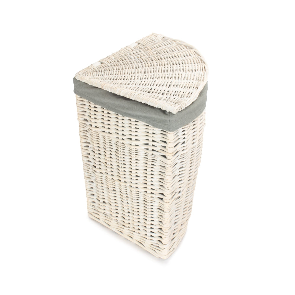 Corner White Wash Laundry Hamper with Grey Sage Lining