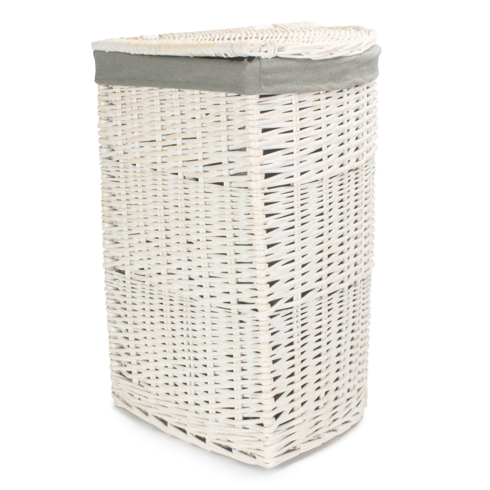 Corner White Wash Laundry Hamper with Grey Sage Lining