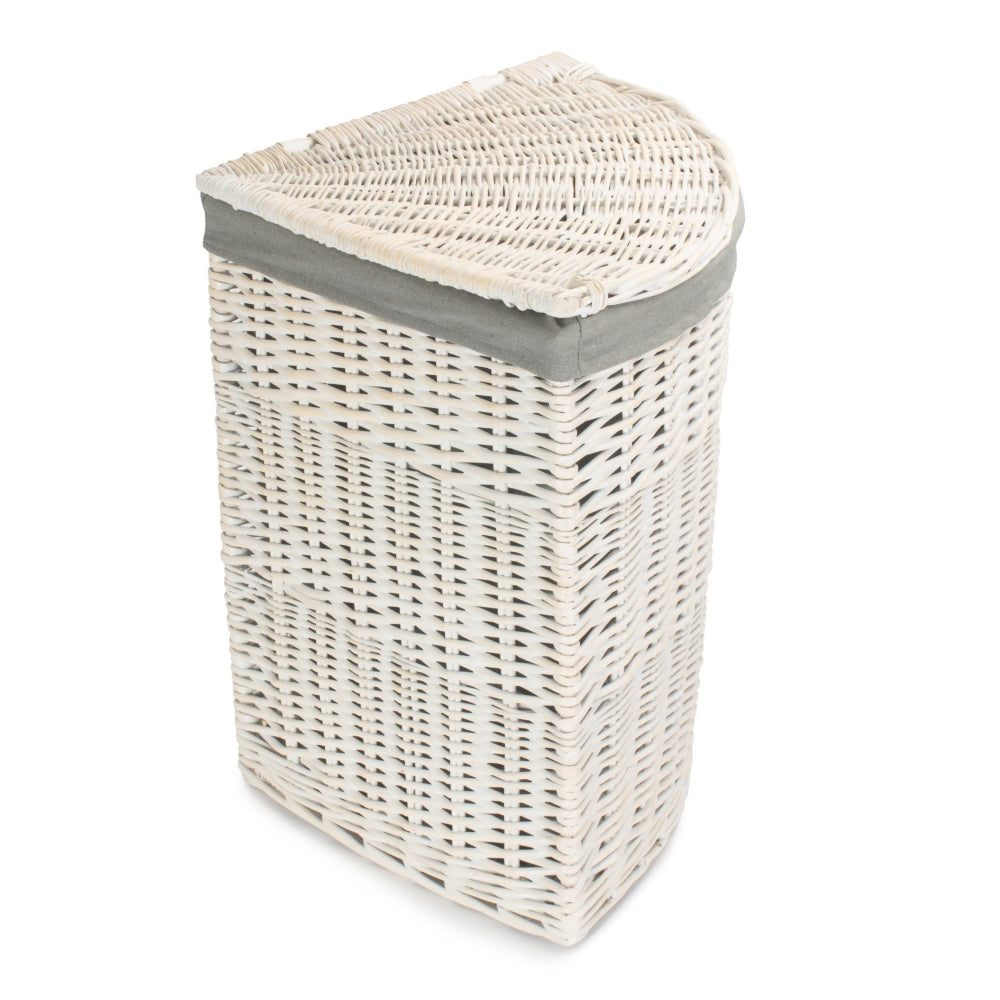 Corner White Wash Laundry Hamper with Grey Sage Lining