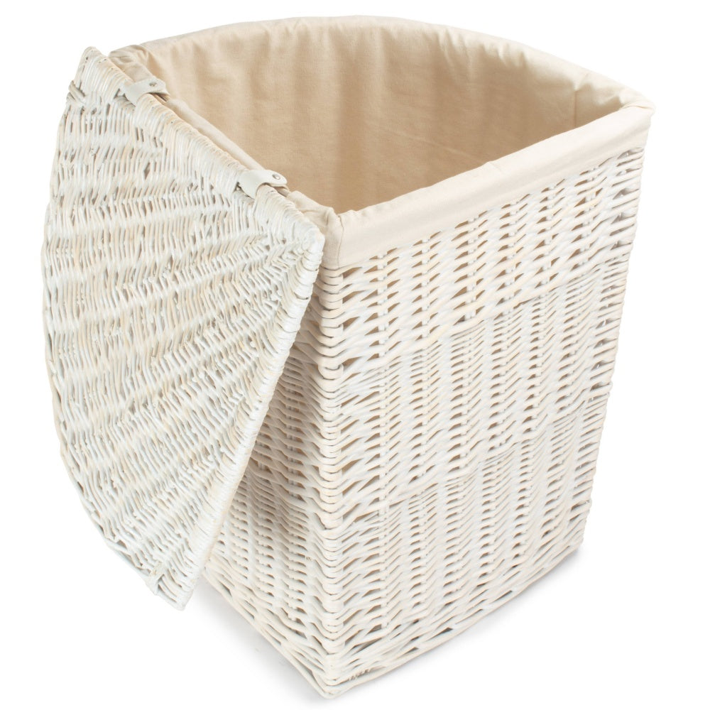 White Wash Corner Cotton Lined Wicker Laundry Basket