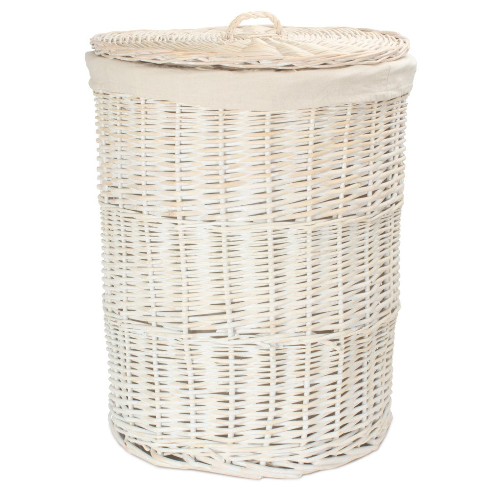 White Wash Round Cotton Lined Wicker Laundry Basket