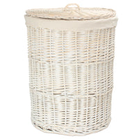 White Wash Round Cotton Lined Wicker Laundry Basket