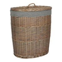 Antique Wash Grey Cotton Lined Oval Willow Laundry Basket