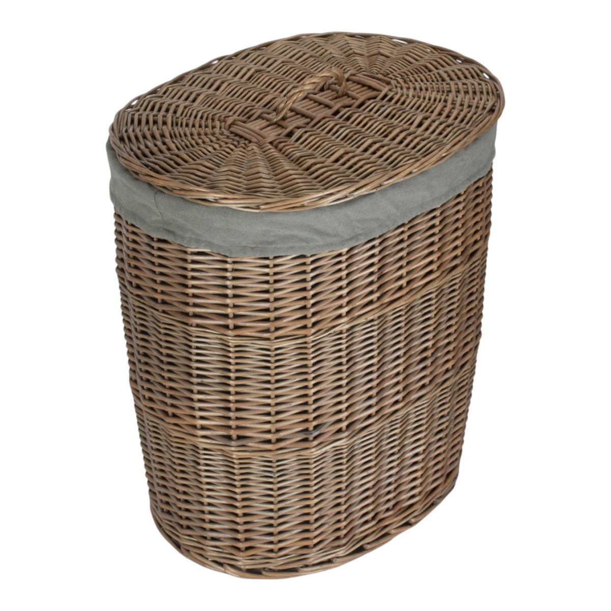 Antique Wash Grey Cotton Lined Oval Willow Laundry Basket